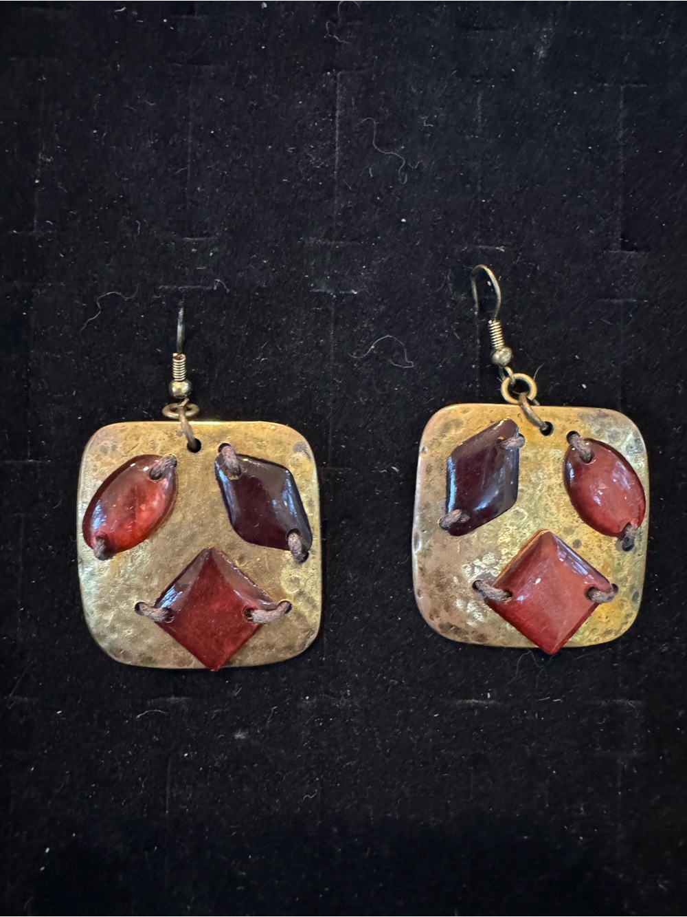 Handmade Boho Red Stone Dangle Earrings Gold Tone Square Artisan Jewelry